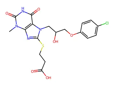 3-({7-[3-(4-chlorophenoxy)-2-hydroxypropyl]-3-methyl-2,6-dioxo-2,3,6,7-tetrahydro-1H-purin-8-yl}sulfanyl)propanoic acid structure