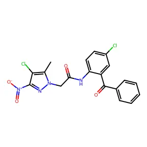 N-(2-benzoyl-4-chlorophenyl)-2-(4-chloro-5-methyl-3-nitropyrazol-1-yl)acetamide structure