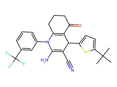 2-Amino-4-(5-(tert-butyl)thiophen-2-yl)-5-oxo-1-(3-(trifluoromethyl)phenyl)-1,4,5,6,7,8-hexahydroquinoline-3-carbonitrile structure