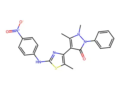 4-(2-{4-nitroanilino}-5-methyl-1,3-thiazol-4-yl)-1,5-dimethyl-2-phenyl-1,2-dihydro-3H-pyrazol-3-one structure