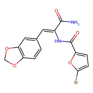 N-[1-(aminocarbonyl)-2-(1,3-benzodioxol-5-yl)vinyl]-5-bromo-2-furamide structure