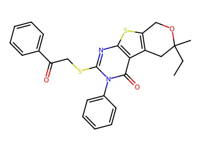 6-ethyl-6-methyl-2-[(2-oxo-2-phenylethyl)sulfanyl]-3-phenyl-3,5,6,8-tetrahydro-4H-pyrano[4',3':4,5]thieno[2,3-d]pyrimidin-4-one structure