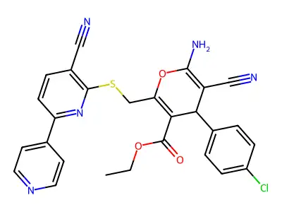 ethyl 6-amino-4-(4-chlorophenyl)-5-cyano-2-[({5-cyano-[2,4'-bipyridine]-6-yl}sulfanyl)methyl]-4H-pyran-3-carboxylate structure
