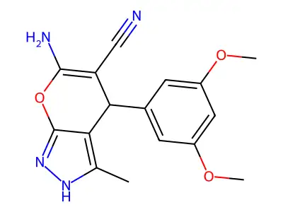 6-amino-4-(3,5-dimethoxyphenyl)-3-methyl-1,4-dihydropyrano[2,3-c]pyrazole-5-carbonitrile structure