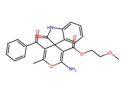 2-methoxyethyl 2'-amino-5'-benzoyl-6'-methyl-2-oxospiro[1H-indole-3,4'-pyran]-3'-carboxylate structure