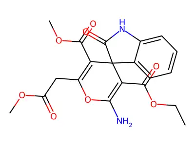 3-O'-ethyl 5-O'-methyl 2'-amino-6'-(2-methoxy-2-oxoethyl)-2-oxospiro[1H-indole-3,4'-pyran]-3',5'-dicarboxylate structure