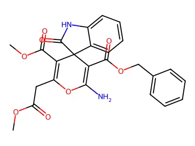 3-O'-benzyl 5-O'-methyl 2'-amino-6'-(2-methoxy-2-oxoethyl)-2-oxospiro[1H-indole-3,4'-pyran]-3',5'-dicarboxylate structure