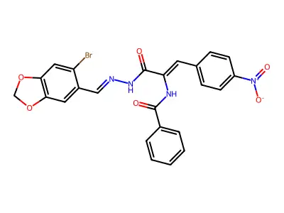 N-[(Z)-3-[(2E)-2-[(6-bromo-1,3-benzodioxol-5-yl)methylidene]hydrazinyl]-1-(4-nitrophenyl)-3-oxoprop-1-en-2-yl]benzamide structure