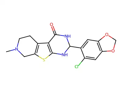 2-(6-chloro-1,3-benzodioxol-5-yl)-7-methyl-1,2,3,5,6,8-hexahydropyrido[2,3]thieno[2,4-d]pyrimidin-4-one structure