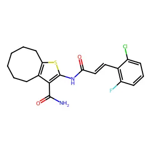 2-[[(E)-3-(2-chloro-6-fluorophenyl)prop-2-enoyl]amino]-4,5,6,7,8,9-hexahydrocycloocta[b]thiophene-3-carboxamide structure