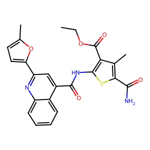 ethyl 5-carbamoyl-4-methyl-2-[[2-(5-methylfuran-2-yl)quinoline-4-carbonyl]amino]thiophene-3-carboxylate structure
