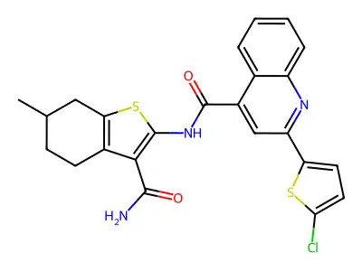N-(3-carbamoyl-6-methyl-4,5,6,7-tetrahydro-1-benzothiophen-2-yl)-2-(5-chlorothiophen-2-yl)quinoline-4-carboxamide structure