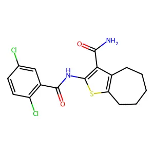 2-[(2,5-dichlorobenzoyl)amino]-5,6,7,8-tetrahydro-4H-cyclohepta[b]thiophene-3-carboxamide structure