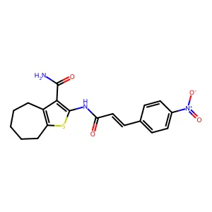 2-[[(E)-3-(4-nitrophenyl)prop-2-enoyl]amino]-5,6,7,8-tetrahydro-4H-cyclohepta[b]thiophene-3-carboxamide structure