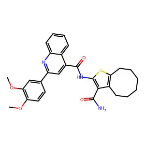 N-(3-carbamoyl-4,5,6,7,8,9-hexahydrocycloocta[b]thiophen-2-yl)-2-(3,4-dimethoxyphenyl)quinoline-4-carboxamide structure