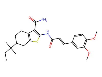 2-[[(E)-3-(3,4-dimethoxyphenyl)prop-2-enoyl]amino]-6-(2-methylbutan-2-yl)-4,5,6,7-tetrahydro-1-benzothiophene-3-carboxamide structure