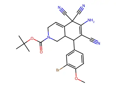 tert-butyl 6-amino-8-(3-bromo-4-methoxyphenyl)-5,5,7-tricyano-3,5,8,8a-tetrahydro-2(1H)-isoquinolinecarboxylate structure