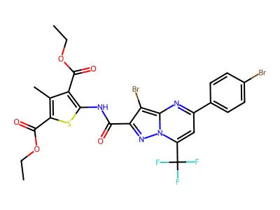 diethyl 5-({[3-bromo-5-(4-bromophenyl)-7-(trifluoromethyl)pyrazolo[1,5-a]pyrimidin-2-yl]carbonyl}amino)-3-methyl-2,4-thiophenedicarboxylate structure