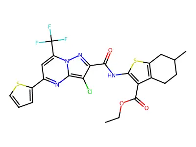 ethyl 2-({[3-chloro-5-(2-thienyl)-7-(trifluoromethyl)pyrazolo[1,5-a]pyrimidin-2-yl]carbonyl}amino)-6-methyl-4,5,6,7-tetrahydro-1-benzothiophene-3-carboxylate structure