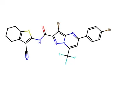 3-bromo-5-(4-bromophenyl)-N-(3-cyano-4,5,6,7-tetrahydro-1-benzothiophen-2-yl)-7-(trifluoromethyl)pyrazolo[1,5-a]pyrimidine-2-carboxamide structure