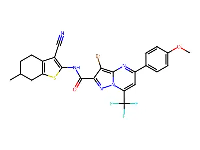 3-bromo-N-(3-cyano-6-methyl-4,5,6,7-tetrahydro-1-benzothiophen-2-yl)-5-(4-methoxyphenyl)-7-(trifluoromethyl)pyrazolo[1,5-a]pyrimidine-2-carboxamide structure