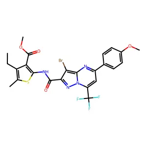 methyl 2-({[3-bromo-5-(4-methoxyphenyl)-7-(trifluoromethyl)pyrazolo[1,5-a]pyrimidin-2-yl]carbonyl}amino)-4-ethyl-5-methyl-3-thiophenecarboxylate structure