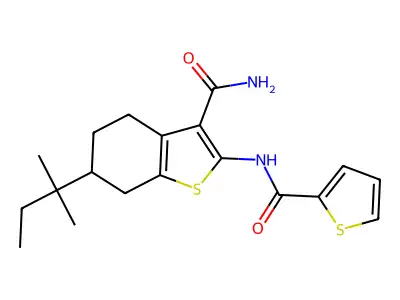 6-(2-methylbutan-2-yl)-2-(thiophene-2-carbonylamino)-4,5,6,7-tetrahydro-1-benzothiophene-3-carboxamide structure