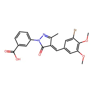 3-[4-[(3-bromo-4,5-dimethoxyphenyl)methylidene]-3-methyl-5-oxopyrazol-1-yl]benzoic acid structure