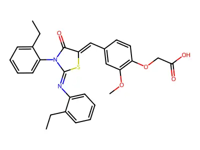 2-[4-[[3-(2-ethylphenyl)-2-(2-ethylphenyl)imino-4-oxo-1,3-thiazolidin-5-ylidene]methyl]-2-methoxyphenoxy]acetic acid structure