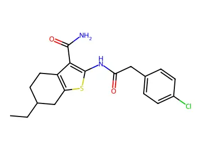 2-[[2-(4-chlorophenyl)acetyl]amino]-6-ethyl-4,5,6,7-tetrahydro-1-benzothiophene-3-carboxamide structure