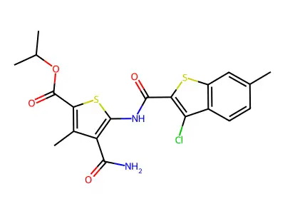 propan-2-yl 4-carbamoyl-5-[(3-chloro-6-methyl-1-benzothiophene-2-carbonyl)amino]-3-methylthiophene-2-carboxylate structure