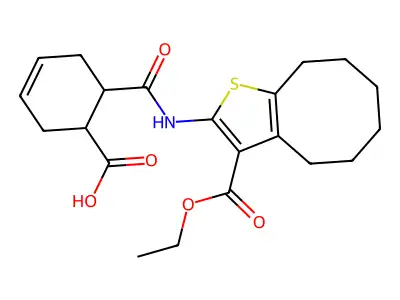 6-[(3-ethoxycarbonyl-4,5,6,7,8,9-hexahydrocycloocta[b]thiophen-2-yl)carbamoyl]cyclohex-3-ene-1-carboxylic acid structure