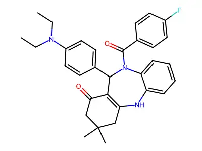 11-[4-(diethylamino)phenyl]-10-(4-fluorobenzoyl)-3,3-dimethyl-2,3,4,5,10,11-hexahydro-1H-dibenzo[b,e][1,4]diazepin-1-one structure