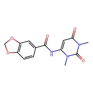 N-(1,3-dimethyl-2,6-dioxopyrimidin-4-yl)-1,3-benzodioxole-5-carboxamide structure