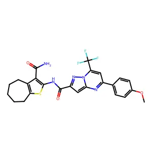 N-(3-carbamoyl-5,6,7,8-tetrahydro-4H-cyclohepta[b]thiophen-2-yl)-5-(4-methoxyphenyl)-7-(trifluoromethyl)pyrazolo[1,5-a]pyrimidine-2-carboxamide structure