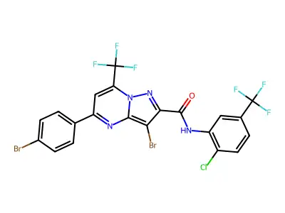 3-bromo-5-(4-bromophenyl)-N-[2-chloro-5-(trifluoromethyl)phenyl]-7-(trifluoromethyl)pyrazolo[1,5-a]pyrimidine-2-carboxamide structure