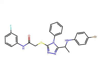 2-({5-[1-(4-bromoanilino)ethyl]-4-phenyl-4H-1,2,4-triazol-3-yl}sulfanyl)-N-(3-fluorophenyl)acetamide structure