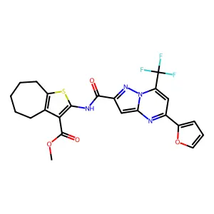 methyl 2-({[5-(2-furyl)-7-(trifluoromethyl)pyrazolo[1,5-a]pyrimidin-2-yl]carbonyl}amino)-5,6,7,8-tetrahydro-4H-cyclohepta[b]thiophene-3-carboxylate structure