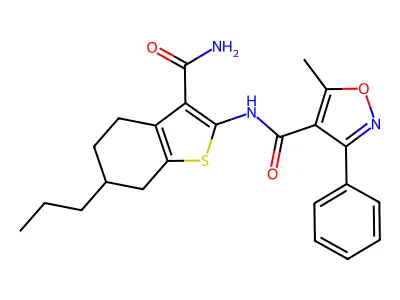 N-(3-carbamoyl-6-propyl-4,5,6,7-tetrahydro-1-benzothiophen-2-yl)-5-methyl-3-phenyl-1,2-oxazole-4-carboxamide structure