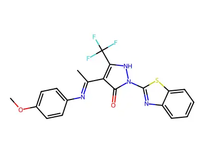 (4E)-2-(1,3-benzothiazol-2-yl)-4-[1-(4-methoxyanilino)ethylidene]-5-(trifluoromethyl)pyrazol-3-one structure