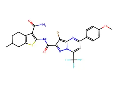 3-bromo-N-(3-carbamoyl-6-methyl-4,5,6,7-tetrahydro-1-benzothiophen-2-yl)-5-(4-methoxyphenyl)-7-(trifluoromethyl)pyrazolo[1,5-a]pyrimidine-2-carboxamide structure