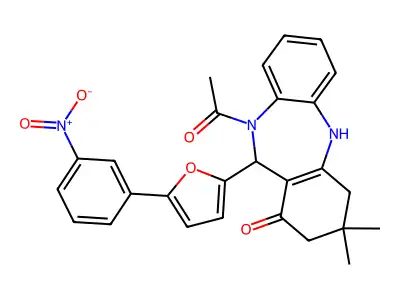 5-acetyl-9,9-dimethyl-6-[5-(3-nitrophenyl)furan-2-yl]-6,8,10,11-tetrahydrobenzo[b][1,4]benzodiazepin-7-one structure