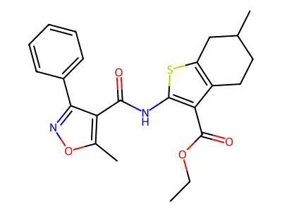 ethyl 6-methyl-2-[(5-methyl-3-phenyl-1,2-oxazole-4-carbonyl)amino]-4,5,6,7-tetrahydro-1-benzothiophene-3-carboxylate structure