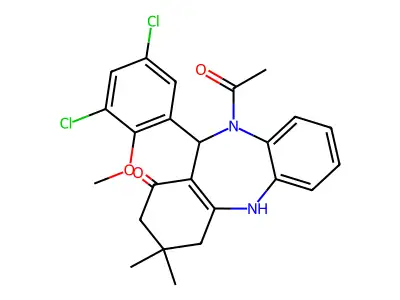 10-acetyl-11-(3,5-dichloro-2-methoxyphenyl)-3,3-dimethyl-2,3,4,5,10,11-hexahydro-1H-dibenzo[b,e][1,4]diazepin-1-one structure