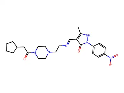 (4E)-4-[[2-[4-(2-cyclopentylacetyl)piperazin-1-yl]ethylamino]methylidene]-5-methyl-2-(4-nitrophenyl)pyrazol-3-one structure