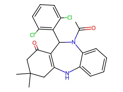 10-acetyl-11-(2,6-dichlorophenyl)-3,3-dimethyl-2,3,4,5,10,11-hexahydro-1H-dibenzo[b,e][1,4]diazepin-1-one structure