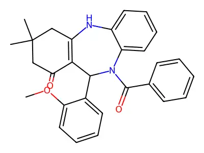 10-benzoyl-11-(2-methoxyphenyl)-3,3-dimethyl-2,3,4,5,10,11-hexahydro-1H-dibenzo[b,e][1,4]diazepin-1-one structure