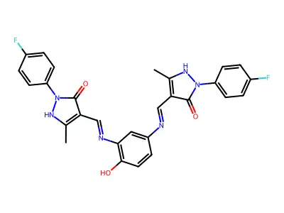 (4Z)-2-(4-fluorophenyl)-4-[[3-[[(Z)-[1-(4-fluorophenyl)-3-methyl-5-oxopyrazol-4-ylidene]methyl]amino]-4-hydroxyanilino]methylidene]-5-methylpyrazol-3-one structure