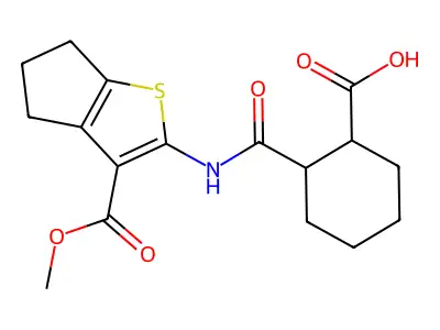 2-((3-(methoxycarbonyl)-5,6-dihydro-4H-cyclopenta[b]thiophen-2-yl)carbamoyl)cyclohexanecarboxylic acid structure