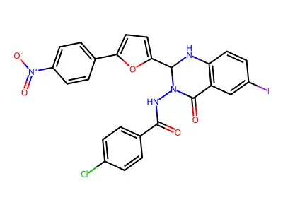 4-chloro-N-(2-(5-{4-nitrophenyl}-2-furyl)-6-iodo-4-oxo-1,4-dihydro-3(2H)-quinazolinyl)benzamide structure